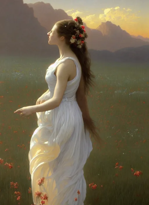 Image similar to oil painting portrait of a young woman with long flowing hair in a white dress, dancing through a field of flowers at sunset with mountains in the background, hazy, digital art, chiaroscuro, artstation, cinematic, golden hour, digital art painting by greg rutkowski, william - adolphe bouguereau, hazy atmosphere, flowers, cinematic lighting