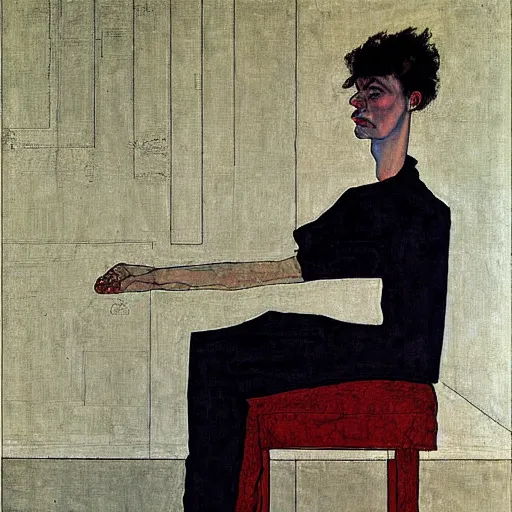 Prompt: painting of a man sitting at a grand piano, but not playing. he's looking into the void. by schiele