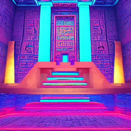 Image similar to a ancient egypt palace covered with blue and pink neons, retrowave art, trending on art station