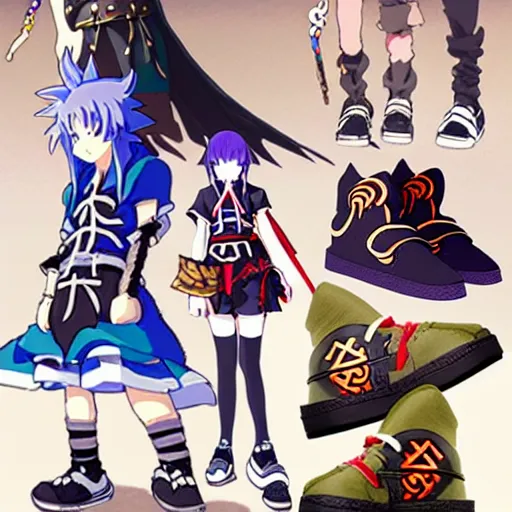 Image similar to fantasy anime jrpg sneaker design designed by studio ghibli, chrono trigger guilty gear style, aztec mayan street fashion native punk sneaker design, hip hop sneaker design with subtle mayan patterns, gapmoe yandere grimdark, trending on pixiv fanbox, painted by greg rutkowski makoto shinkai takashi takeuchi studio ghibli, akihiko yoshida