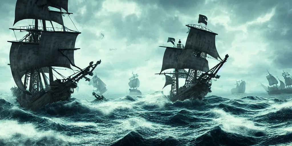 Image similar to pirate ship being attacked by the kraken, kraken attacking pirate ship in rough seas, photorealistic illustration, high quality render, 8 k resolution, octane render