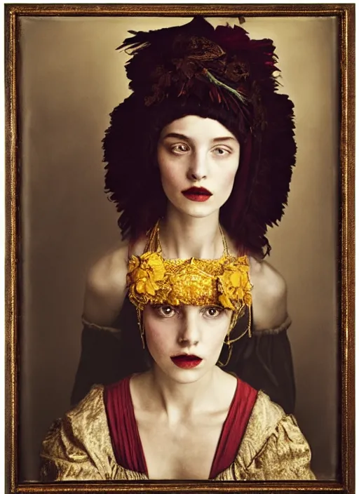 Image similar to portrait of young woman in renaissance dress and renaissance headdress, art by peter lindbergh