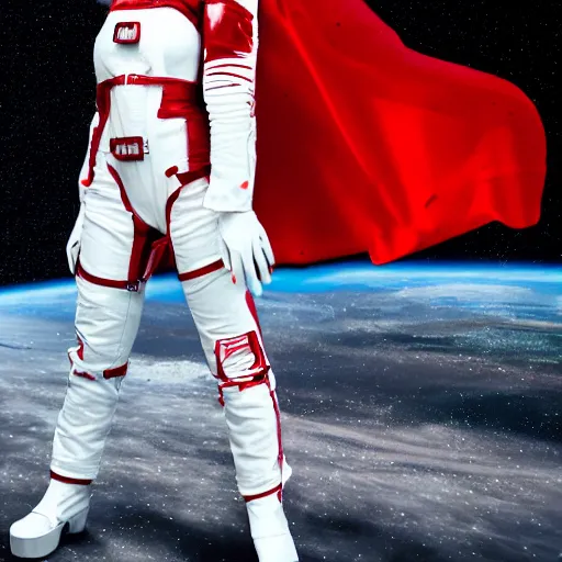 Image similar to a young female space cadet wearing blood-spattered glossy sleek white dinged scuffed armor and a long torn red cape, spacewalk, weightlessness, frost damage, background of stars, elegant, battle weary, no helmet, dramatic lighting, cinematic, sci-fi, hyperrealistic, detailed