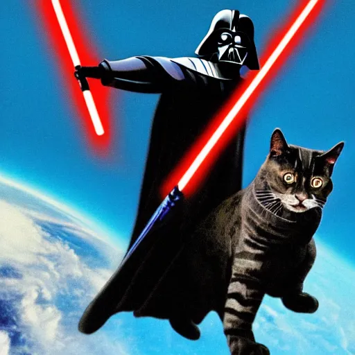 Prompt: Photo of Darth Vader wielding a lightsaber while riding a giant cat in space.