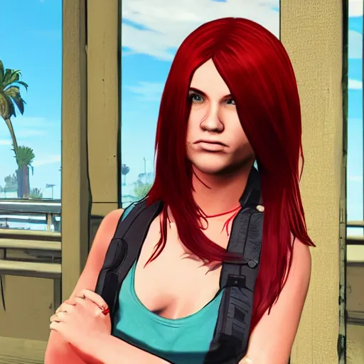 Image similar to gta 5 game style red hair girl with long hair as the protagonist in the game