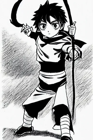 Image similar to attractive little boy wearing an ninja suit, black and white artwork made by kentaro miura and yoshihiro togashi