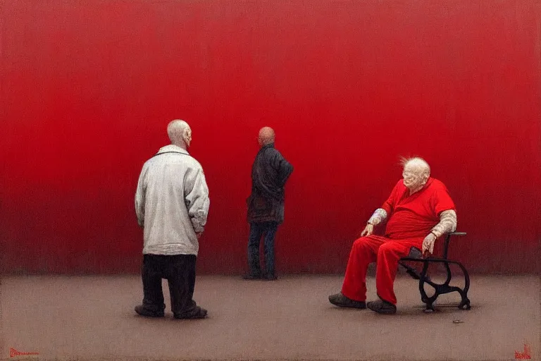 Image similar to only with red, a red old man try to sell a portrait, in a square, crowd goes crazy, in the style of beksinski, parts by edward hopper, parts by rodcenko, parts by yue minjun, intricate and epic composition, red by caravaggio, insanely quality, highly detailed, masterpiece, red light, artstation, 4 k