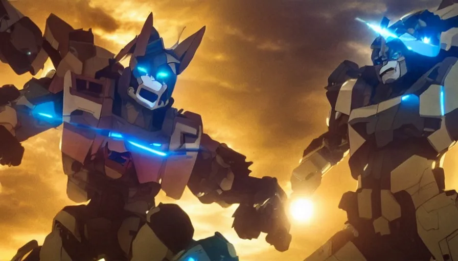 Image similar to full - color cinematic movie still from a live - action voltron action film directed by michael bay. the scene features the robotic lions from voltron fighting against an ugly kaiju monster. photorealistic rendering ; highly - detailed ; epic.