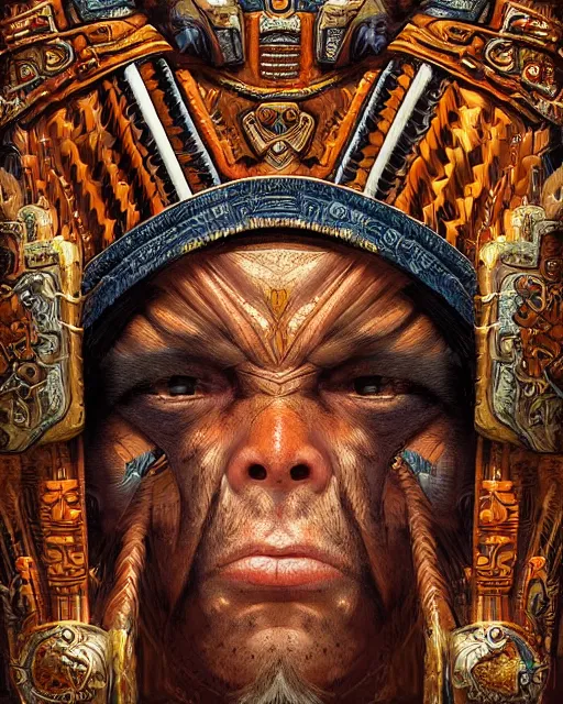 Prompt: digital painting of a mayan warrior by filipe pagliuso and justin gerard, symmetric, fantasy, highly detailed, realistic, intricate, portrait, sharp focus, tarot card