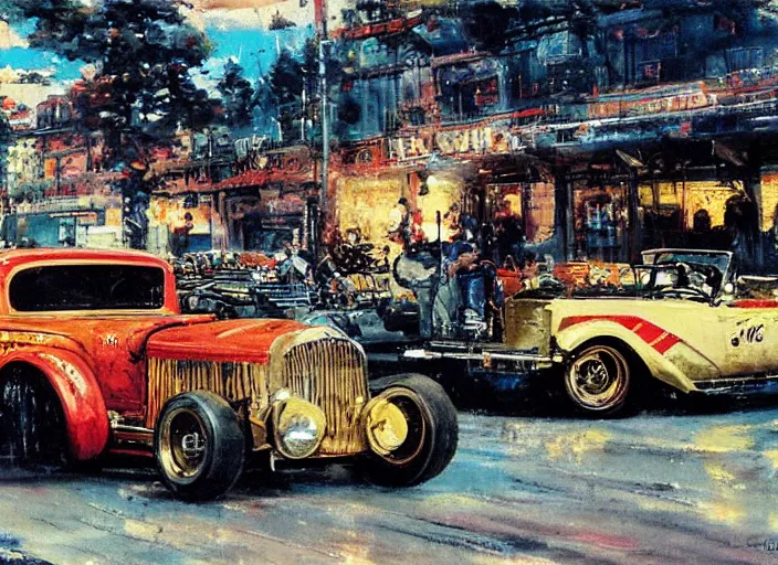 Image similar to hotrods driving down a street , vintage, high detail, golden hour, 8K, by John Berkey