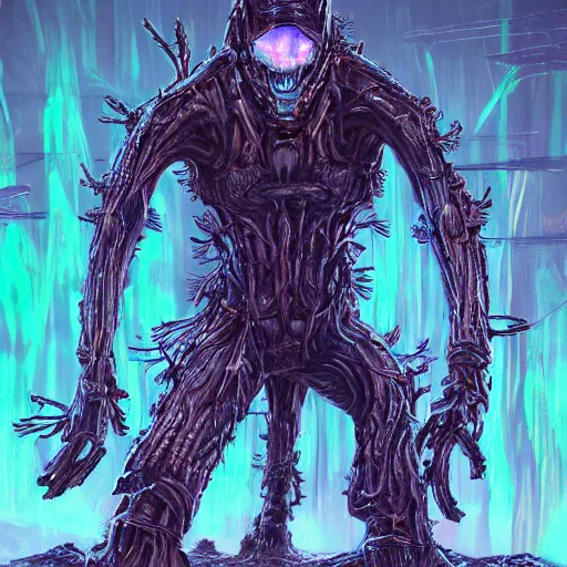 Image similar to Hunter in combat wooden exoskeleton with chrome details walks between the roots. by Dan Mumford and Tsutomu Nihei make game in Unreal Engine photorealism colorful finalRender iridescent fantasy concept art 8k resolution concept art ink drawing volumetric lighting bioluminescence, plasma, neon, brimming with energy, electricity, power, Colorful Sci-Fi Steampunk Biological Living, cel-shaded, depth, particles, lots of reflective surfaces, subsurface scattering