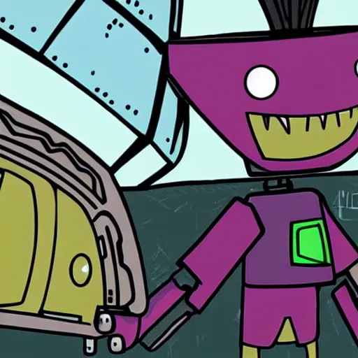 Image similar to tak from invader zim tv show building robot mimi on planet dirt