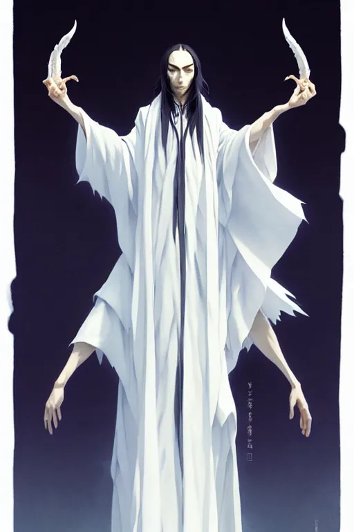 Image similar to raven headed warlock doing magic spells wind, white robes, finely detailed perfect face, exquisite details, mid view, design on a white background, by studio muti, greg rutkowski makoto shinkai takashi takeuchi studio ghibli