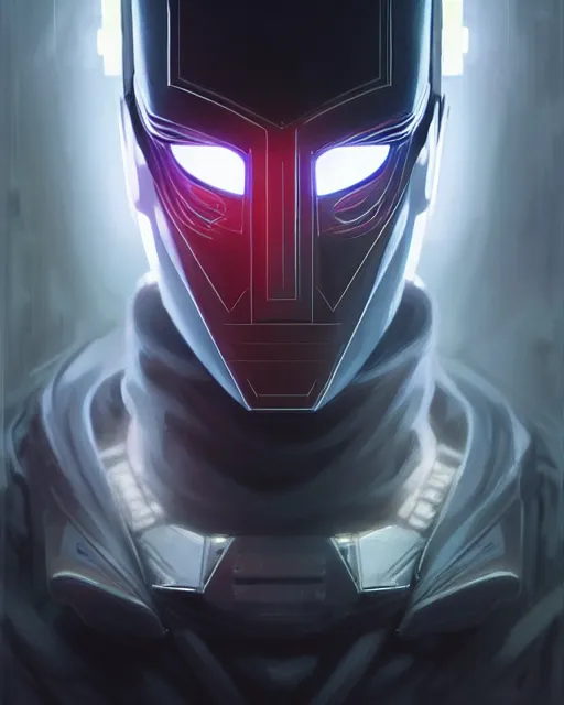 Image similar to professional concept art portrait of a masked cyber punk man in a dark room by artgerm and greg rutkowski ( thin white border ). an intricate, elegant, highly detailed digital painting, concept art, smooth, sharp focus, illustration, in the style of cam sykes, wayne barlowe, igor kieryluk.