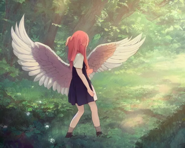 Image similar to a girl with two wings on her back in a forest. She has TWO wings on her back!!! Angel! Two blue wings!! She is facing the camera!!! Close up!! Front shot!! By Makoto Shinkai, trending on ArtStation, digital art.