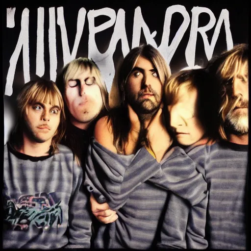 Prompt: nirvana album cover with text spelling away