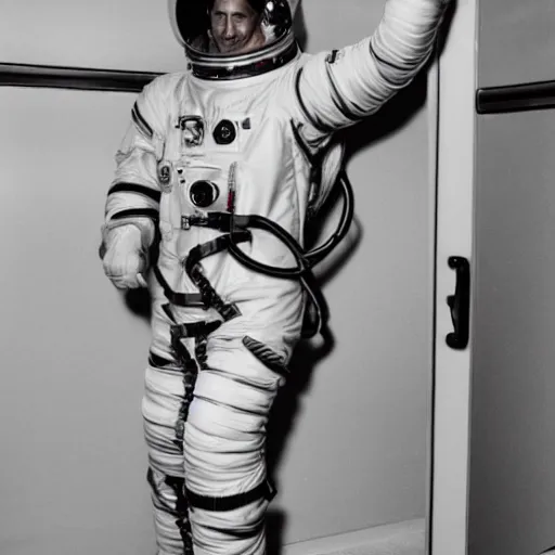 Image similar to photograph of an astronaut in handcuffs inside a jail cell