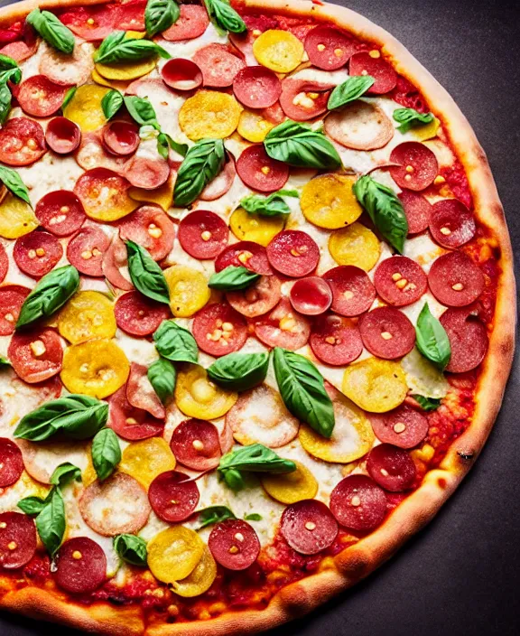 Prompt: big pizza with ingredientes forming a mandala, hyper realistic, food photography, advertising photography, tasty.