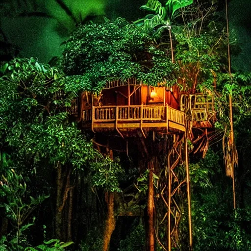 Prompt: a treehouse in a lush jungle during a thunderstorm in the night