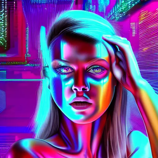 Image similar to chromatic 3d ultra realistic cyborg woman in psychedellic mirror environment digital art in synthwave style