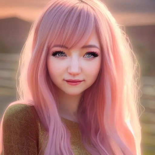 Image similar to beautiful intricate photograph of nikki from shining nikki dress - up game, a cute young woman, light pink hair, long hair with full bangs, full heart - shaped face, amber eye color, pale skin, light blush, chinese heritage,, smiling softly,, golden hour, soft focus, 8 k, hyperrealism, hyperdetailed