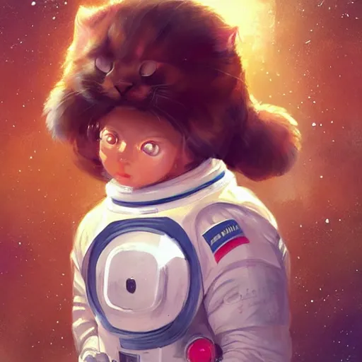 Image similar to head and shoulders masterpiece portrait of a cute adorable cat wearing a spacesuit, surreal background, digital art by krenz cushart, trending on artstation, cgsociety,