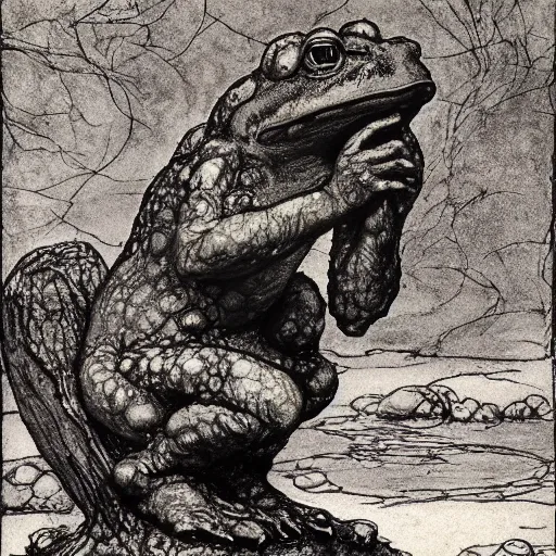 Prompt: toad philosopher toad in a pose The Thinker, in swamp, by Auguste Rodin, illustrations by irish fairy tales james stephens arthur rackham, fairy tale illustrations, top cinematic lighting , cinematic mood, very detailed, shot in canon,