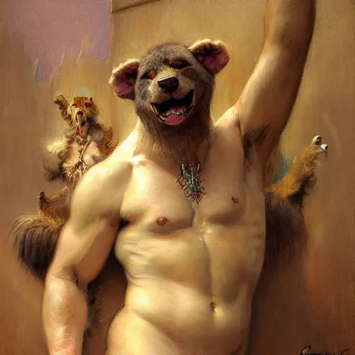 Image similar to a portrait of an very furry human with an anima's head in the pool, furry body, furry arms, furry legs, furry tail. highly detailed painting by gaston bussiere, craig mullins, j. c. leyendecker, furry