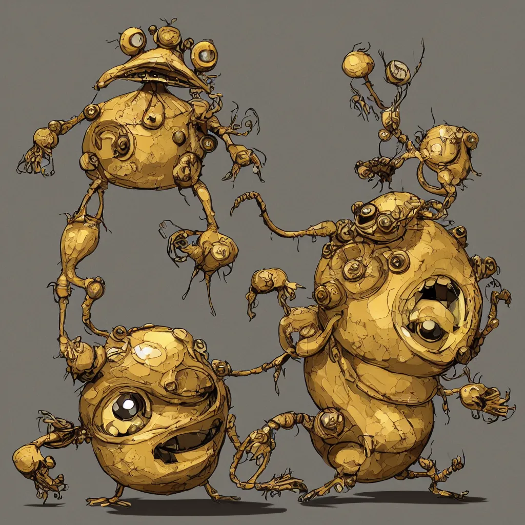 Image similar to , grotesque despair cute monster smooth paneling, one large gold eye intricate detail, style of pokemon, with damaged rusty arms, broken antenna, recycled, floating, white studio, oil, mechanical, toy, ambient light, in the style of pixar animation, pokedstudios, blender, octane render, 8 k, gediminas pranckevicius