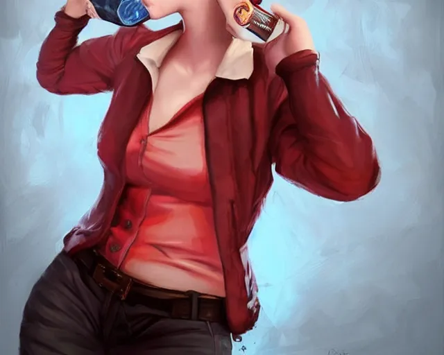 Image similar to portrait of scarlett johansson drinking cola in team fortress 2 style, detailed face, dark fantasy art, fantasy, pretty, hd shot, digital portrait, beautiful, artstation, comic style, by artgerm, guy denning, jakub rozalski, magali villeneuve, neoartcore and charlie bowater