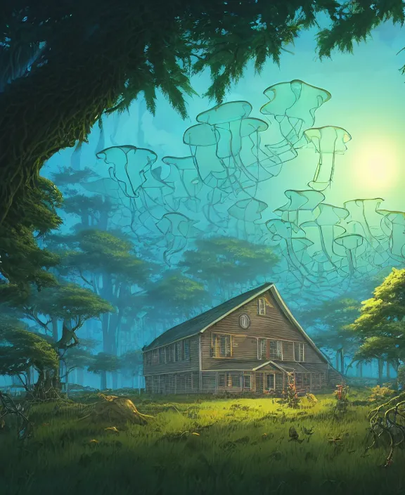 Prompt: an enormous schoolhouse made from jellyfish, overgrown with huge bioluminescent exotic fungus, deep in the woods, noon, sun drenched, partly cloudy, by dan mumford, yusuke murata, makoto shinkai, ross tran, cinematic, unreal engine, cel shaded, featured on artstation, pixiv