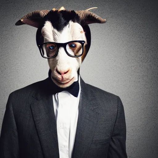 Prompt: front portrait of a smart goat in a suit, dslr camera in his hand, wearing glasses punk hair hd, high resolution, annie leibovitz