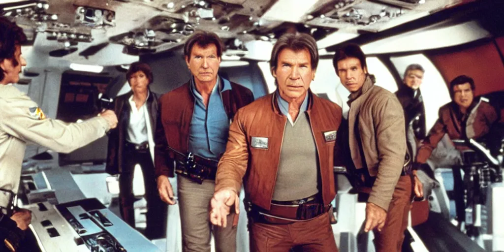 Image similar to a full color still of the control bridge of a spaceship with a middle-aged Harrison Ford as Han Solo standing in the middle, dressed in an admirals uniform, cinematic lighting, 1999, directed by Steven Spielberg, 35mm