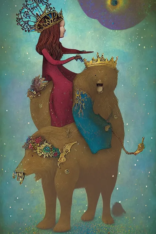 Image similar to surreal medieval princess with a crown riding a bear, nostalgia for a fairytale, magic realism, flowerpunk, mysterious, vivid colors, by andy kehoe, amanda clarke