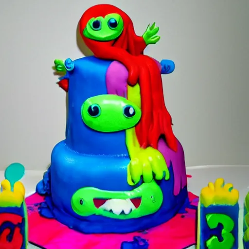 Prompt: grotesque slimy nightmare monster opens its mouth revealing a colorful birthday cake