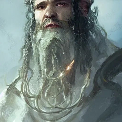 Image similar to A portrait of a cleric of Cthulu with short dark hair and a trimmed beard, he wears a cubic sandstone pendant around his neck, as dark magic emanates from his pendant tentacles spur from the water, digital art by Ruan Jia