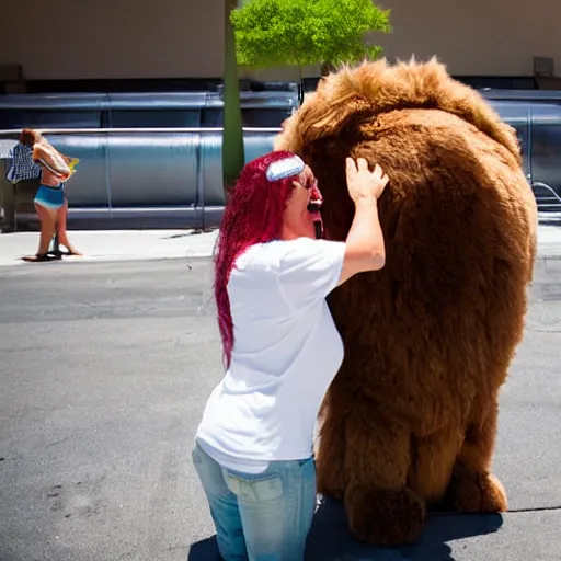 Prompt: LAS VEGAS, NV JUNE 7 2024: Fluffy gigantic creature demands a hug.