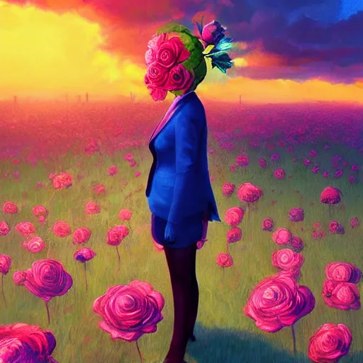 Image similar to closeup, giant rose flower under head, frontal, girl in a suit, surreal photography, sunrise, blue sky, dramatic light, impressionist painting, digital painting, artstation, simon stalenhag