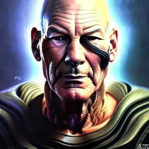 Image similar to portrait painting of a cyberpunk muscular patrick stewart with tusks, ultra realistic, concept art, intricate details, eerie, highly detailed, photorealistic, octane render, 8 k, unreal engine. art by artgerm and greg staples and elsa beskow and brian froud and jessica rossier