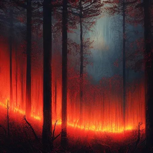 Prompt: ominous red forest fire, dusk, in style of Doom, insanely detailed and intricate, golden ratio, elegant, ornate, unfathomable horror, elite, ominous, haunting, matte painting, cinematic, cgsociety, Andreas Marschall, James jean, Noah Bradley, Darius Zawadzki, vivid and vibrant