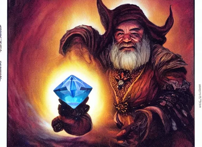 Image similar to a dwarf sorcerer holding a gigantic glowing diamond. his eyes are glowing. high fantasy art ( 1 9 8 7 )