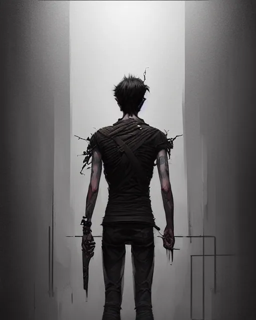 Image similar to professional concept art portrait of a diesel punk man with short black hair in a dark room by artgerm and greg rutkowski ( thin white border ). an intricate, elegant, highly detailed digital painting, concept art, smooth, sharp focus, illustration, in the style of cam sykes, wayne barlowe, igor kieryluk.