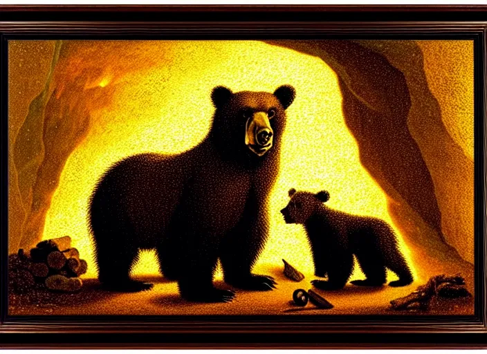 Prompt: Pieter Claesz's 'bear and cub in a dark cave lit by the flame of a fire', night time, pointillism, backlit, beautiful wooden frame, the colours of the sunset, vibrant