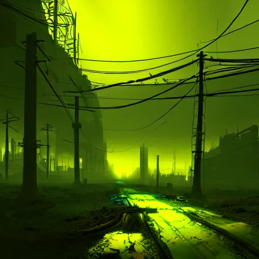 Prompt: radioactive wasteland los santos, spilled green - yellow toxic waste emits vibrant light, foggy atmosphere, by rembrandt and wlop, intricate, detailed, photorealistic imagery, artstation