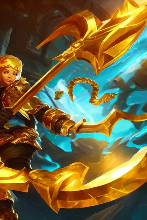 Image similar to a magical golden weapon, d & d, league of legends, concept art, blue background, dramatic lighting. realistic, epic legends, game icon, global illumination, ian pesty