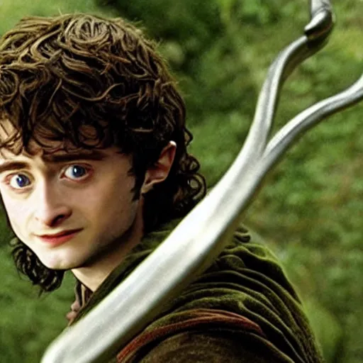 Image similar to Film still of a young Daniel Radcliffe as Frodo in Lord of the Rings: The Return of the King