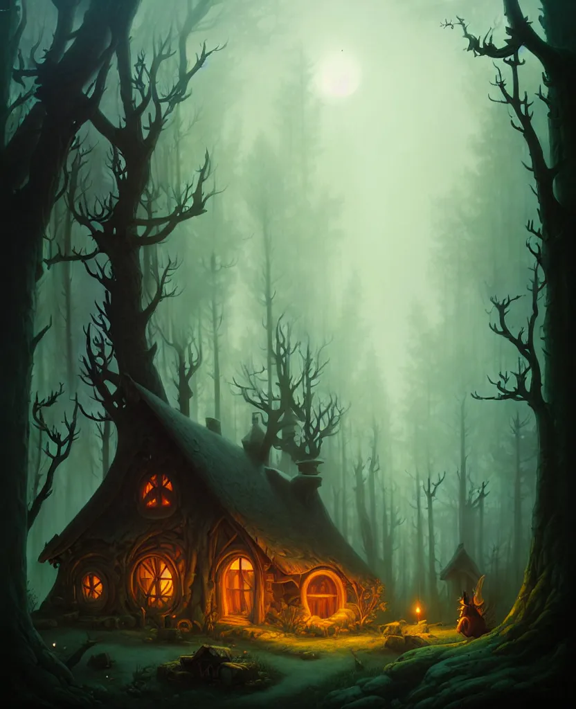 Image similar to a witches cabin in a dark forest, by peter mohrbacher