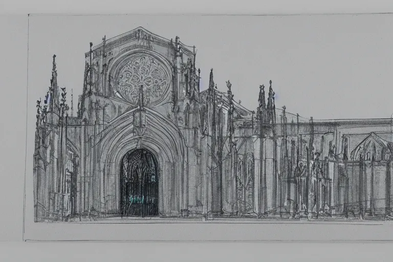 Prompt: Catedral de Maringá, sketchbook with annotation, blue print, ultra detailed