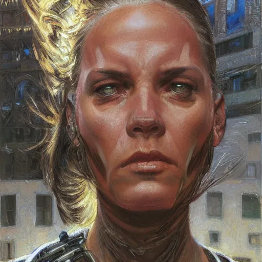 Prompt: frontal portrait of a muscular female survivor in a city, by donato giancola.