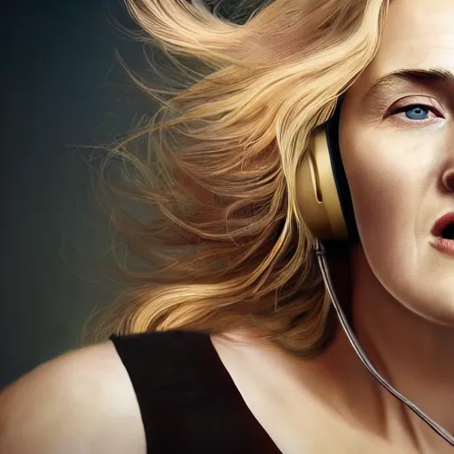 Image similar to epic action shot of kate winslet with symmetrical face stunning eyes and long blonde hair wearing headset laughing, weta disney pixar, hi - fructose, decadent highly - detailed digital painting, golden ratio, octane render, artstation, cinematic composition, smooth, sharp focus, artgerm, mucha, loish, wlop hdr